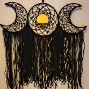 Triple Moon Dreamcatcher Wall Hanging - Black with Blue Beads & Gold Mirror